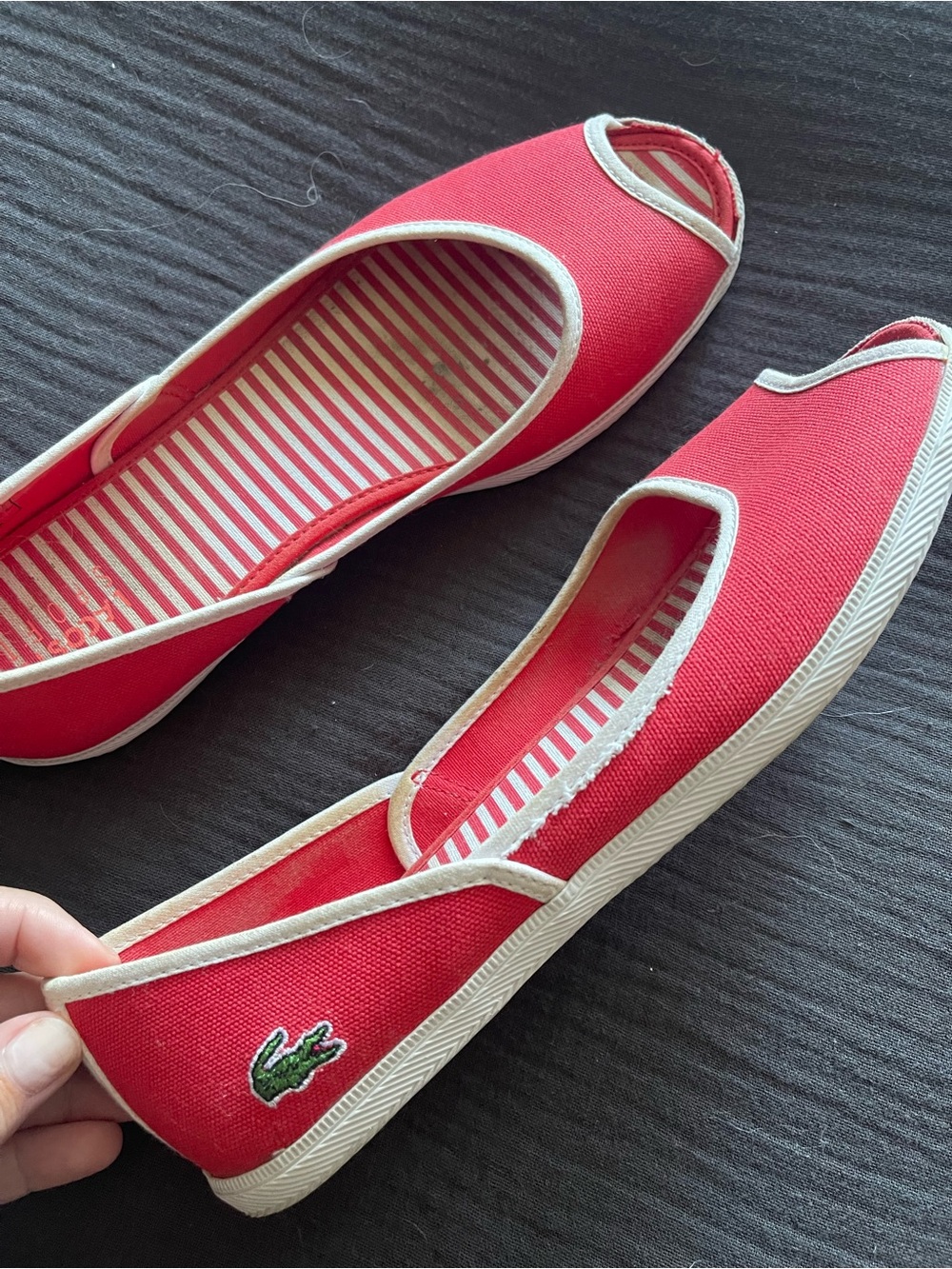 Lacoste Red Canvas Women's Slip-On Flats with Crocodile Logo - Picture 1 of 4